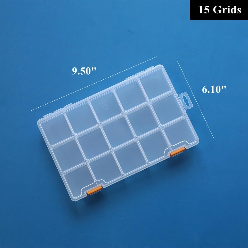 BangQiao 4 Pack 15 Grids Clear Plastic Storage Box with Dividers, Transparent Organizer Container Case for Small Parts, Bead, Button, Jewelry, Diamond, Craft Supplies,Sewing Kit, DIY Accessories