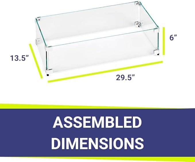 American Fireglass Tempered Glass Flame Guard for 24" x 8" Rectangular Drop-in Fire Pit Pans | Outdoor Wind Guard with Aluminum Fire-Resistant Brackets & Non-Slip Feet | 29.5-inch x 13.5-inch x 6-inch