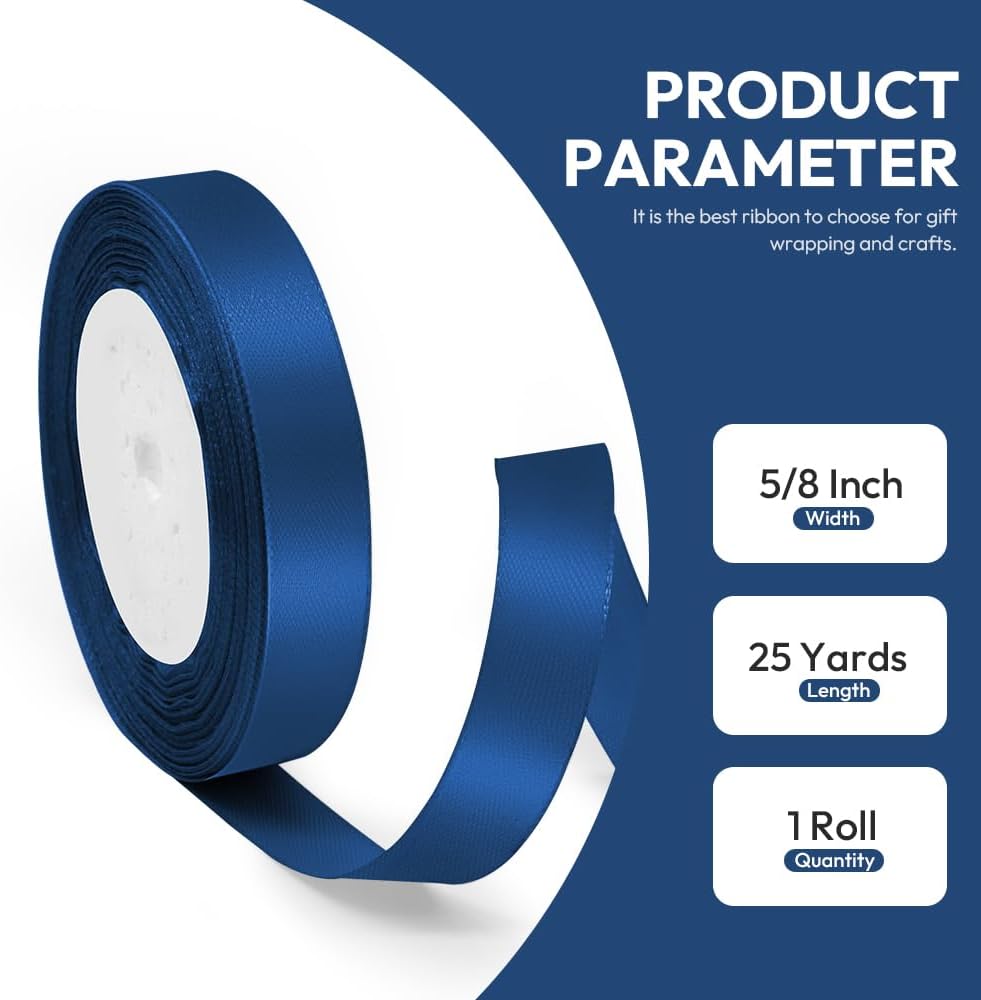 5/8" x 25 Yards Satin Ribbon, Navy Blue Silk Ribbon Ideal for Gift Wrapping, Floral Bouquets, Crafts, Wedding Party Decorations, Christmas and Sewing Projects