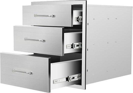 Outdoor Kitchen Drawers 18" W x 21" H x 23" D Flush Mount Triple BBQ Drawers with Chrome Handle Stainless Steel Drawer for Outdoor Kitchen Island, Patio Grill Station