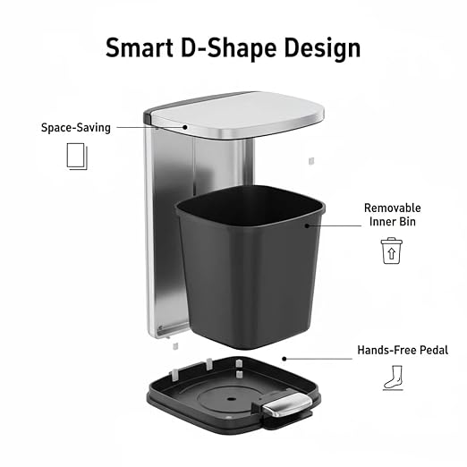 Garvee Stainless Steel Trash Can, 50 L/13 gal Hands Free Garbage Can with Soft Close Lid and Foot Pedal, Metal Kitchen Waste Bin with Inner Bucket for Living Room, Office, D Shape, Silver