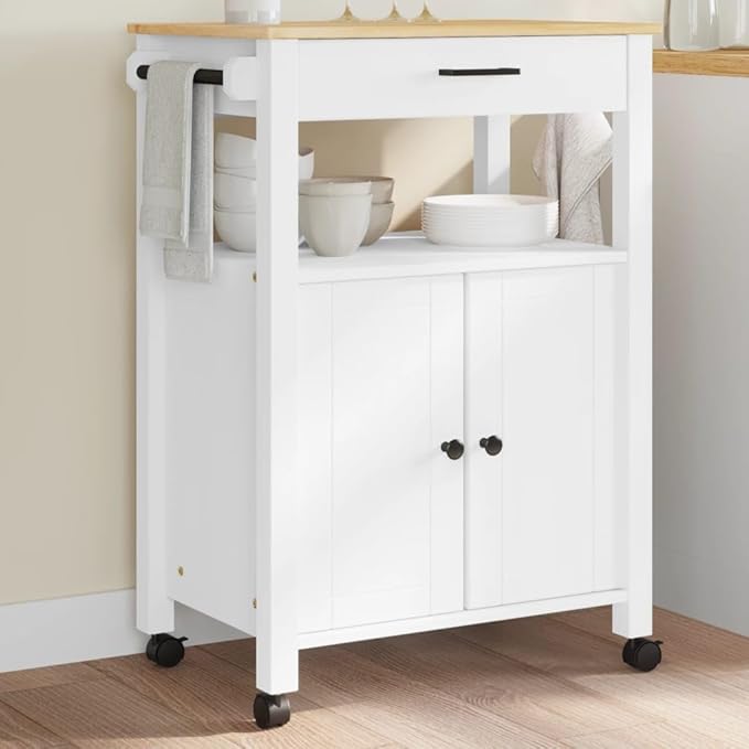 Kitchen Trolley Monza Rolling Kitchen Island Cart with Storage, Portable Dining Room Serving Utility Carts, White 23.6" x 15.7" x 35.4" Solid Wood Pine KH76A