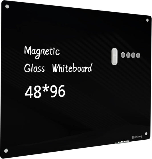 Magnetic Glass Blackboard - Glass Dry Erase Board 48"x96" Large Frameless Board for Walls Office School and Home,Black