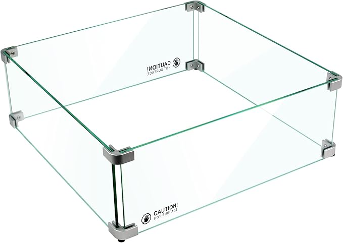 Holy Fire 17.5" L x 17.5" x 6" Square Fire Pit Glass Wind Guard Clear Tempered Glass Flame Protective Pane Wind Resistant - Fits 12” Square Fire Pit Burner Pan