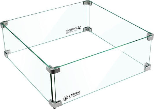 Holy Fire 17.5" L x 17.5" x 6" Square Fire Pit Glass Wind Guard Clear Tempered Glass Flame Protective Pane Wind Resistant - Fits 12” Square Fire Pit Burner Pan