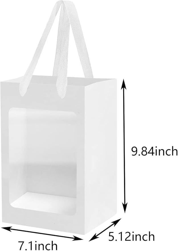 BallHull 24 Pcs White Kraft Paper Gift Bags with Transparent Window, 9.84"x7.0"x5.12" Kraft Shopping Bags with Handles for Bouquet Christmas Birthdays Festivals Party Weddings Wrapping