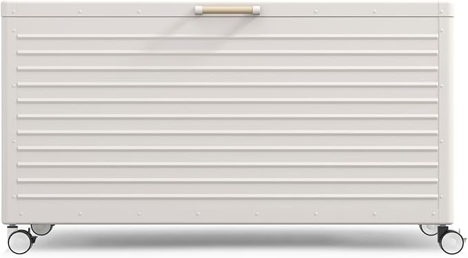 MIRADOR 175 Gallon Outdoor Storage Box Waterproof, Metal Deck Box with wheels for Patio Furniture, Garden Tools, Outdoor Cushion, Latte