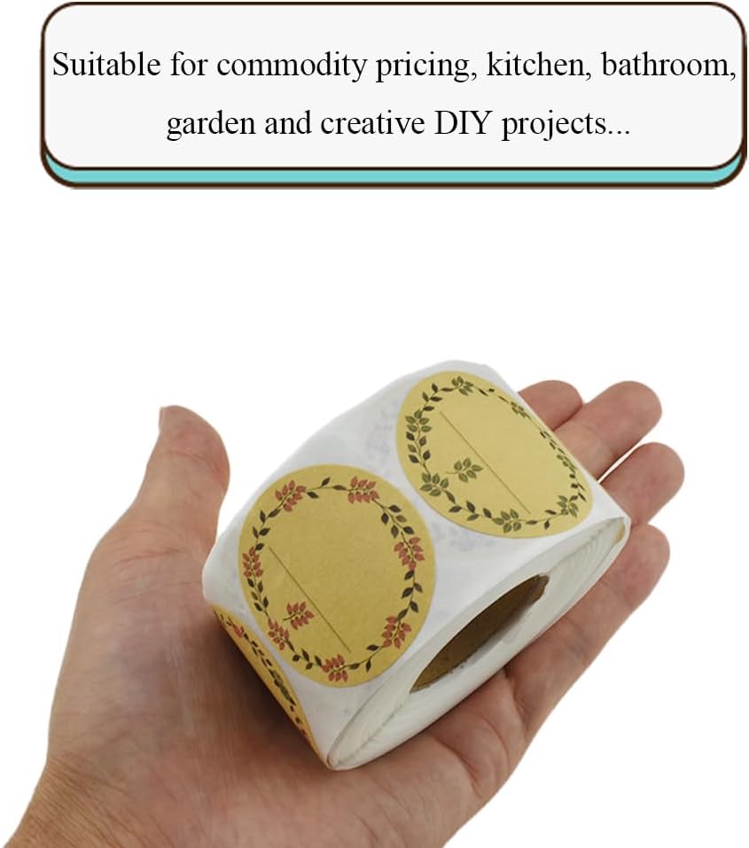 HAHIYO 1.5In 500P Round Natural Brown Kraft Stickers with Vintage Flower Design - 4 Unique Styles Blank Kraft Labels Roll to Write On Durable Dot Stickers for Jar Canning Price Tags Store Organizing