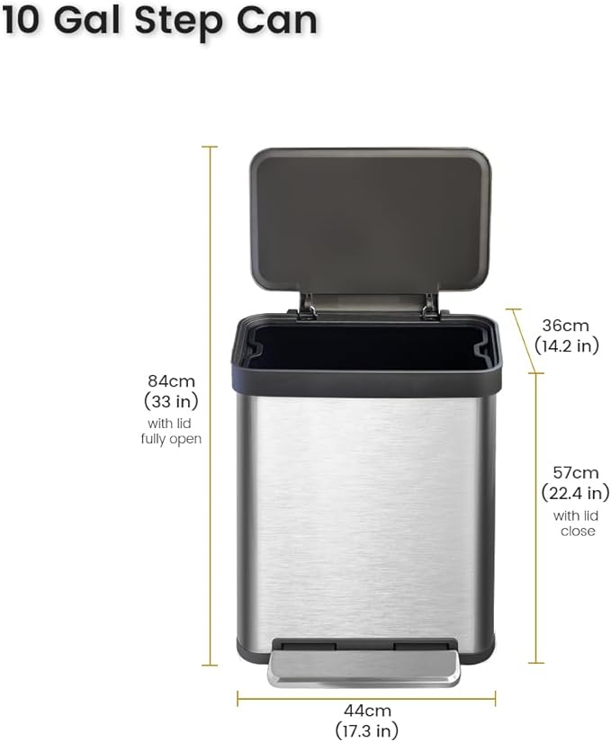 10 Gallon Ktichen Trash Can with Lid, Stainless Steel Trash Can with Removable Inner Bucket, Soft Close Lid, Step-On Pedal Bin for Kitchen, Office, Bathroom