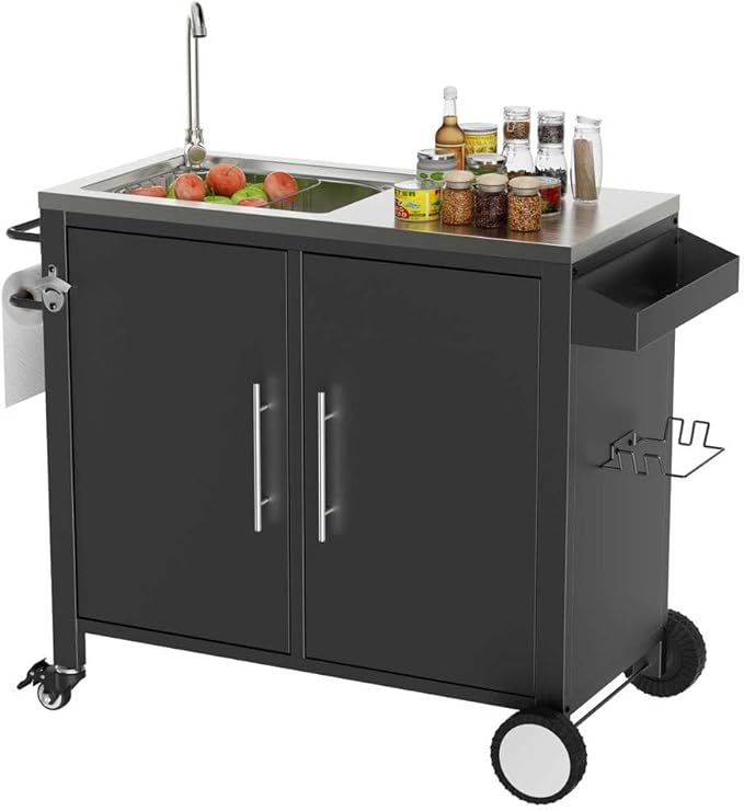 Outdoor Grill Cart with Storage, Movable Prep Cart with 304 Stainless Steel Sink and Wheels 3-Shelf Outdoor Kitchen Prep Table Pizza Oven Stand,BBQ Cart (38" x 18" x 35")