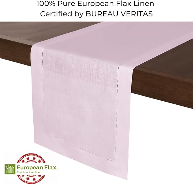 D'Moksha Homes Linen Pastel Pink Table Runner 48 Inches - Classic Hemstitch, 100% Pure Linen Coffee Table Runner 14 x 48 Inch Ideal for Dresser Tables, Valentines, Spring, Easter