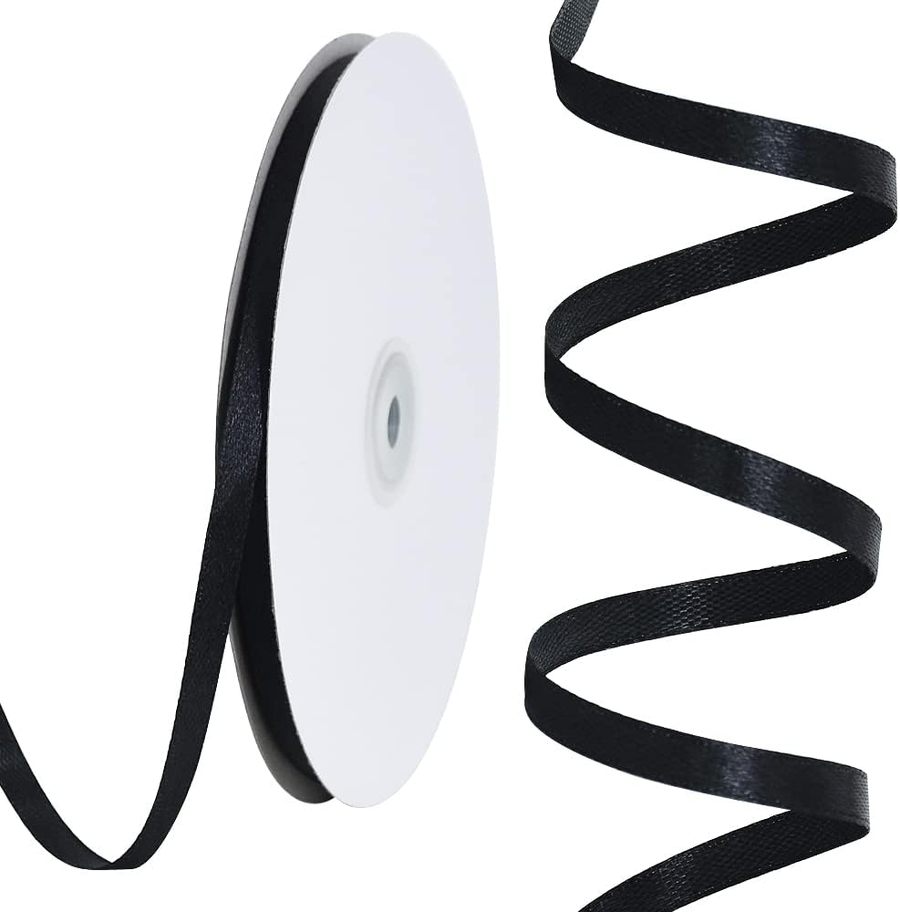 TONIFUL 1/4 Inch x 100yds Black Satin Ribbon, Thin Solid Color Satin Ribbon for Gift Wrapping, Crafts, Hair Bows Making, Wedding Party Decoration,Halloween, Floral Bouquets