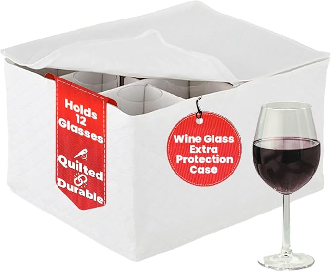 LAMINET Quilted Wine Glass Storage Case - Holds Up to 12 Wine Glass/Tall/Stemware Glasses - WHITE