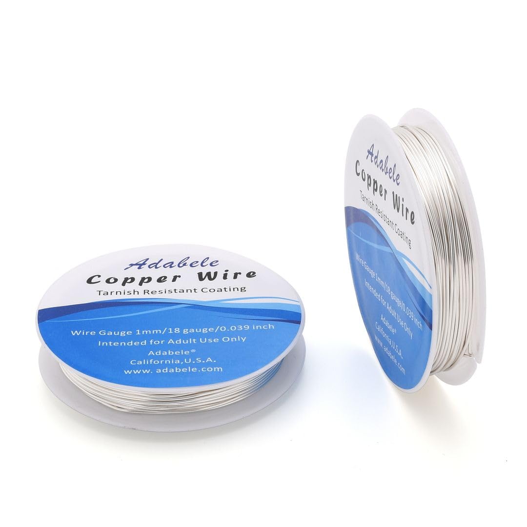 Adabele 32 Feet Premium Tarnish Resistant Round Jewelry Wire Copper Beading Wire Spool Bulk (1mm/18 Gauge) Sterling Silver Plated for DIY Craft Jewelry Making BF285-10