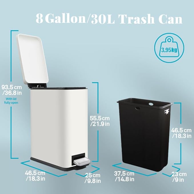 8 Gallon Trash Can with Lid, Stainless Steel Trash Can with Removal Inner Bucket, Soft Close & Stay Open, Step Trash Bin for Kitchen, Office, Laundry, Bathroom, 30 Liter Capacity, White
