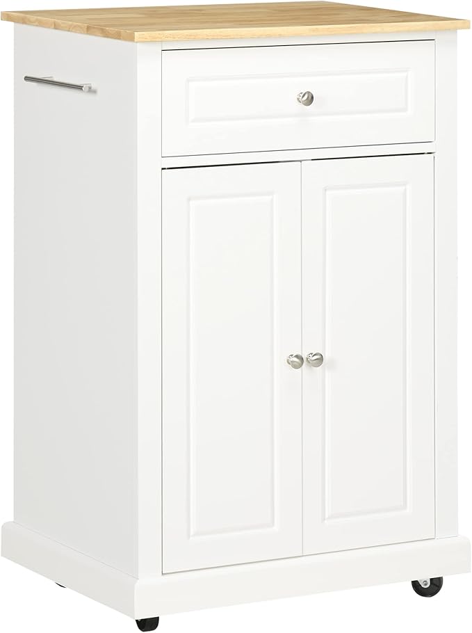 HOMCOM Rolling Kitchen Island Cart, Portable Serving Trolley Table with Drawer, Adjustable Shelf and 2 Towel Racks, Cream White