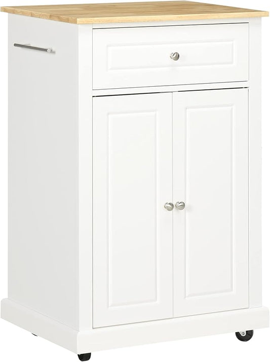 HOMCOM Rolling Kitchen Island Cart, Portable Serving Trolley Table with Drawer, Adjustable Shelf and 2 Towel Racks, Cream White