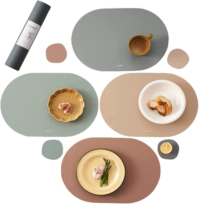 Matt Oval Silicone Placemats Set of 4 with Matching Coasters – Heat Resistant, Waterproof, Easy to Clean Non-Slip Modern Dining Table Mats – Premium Leather Textured Japandi Kitchen Decor