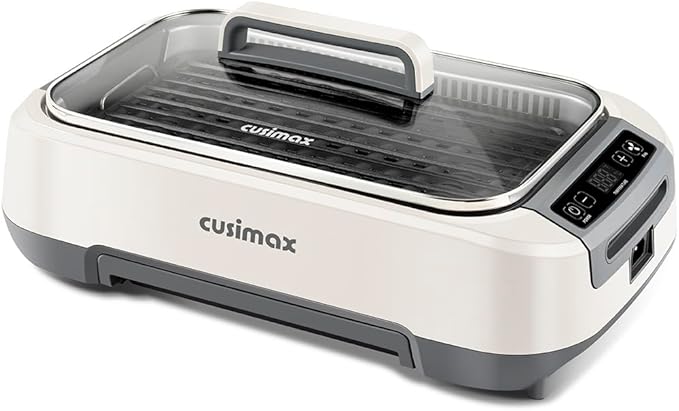 CUSIMAX Smokeless Grill, Korean Grill, 1500W Electric BBQ Grill with Tempered Glass Lid & LED Smart Display, Non-stick Removable Grill Plate, Off-White