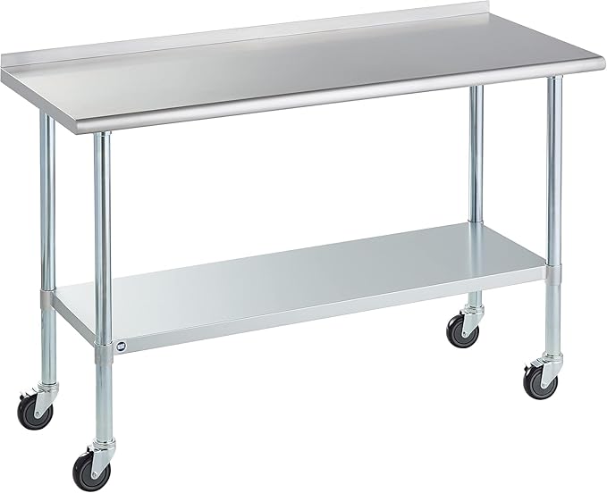 Stainless Steel Table for Prep & Work with Caster & Backsplash 24x60 Inches, NSF Metal Commercial Kitchen Heavy Duty Table with Adjustable Under Shelf and Table Foot for Restaurant, Home and Hotel