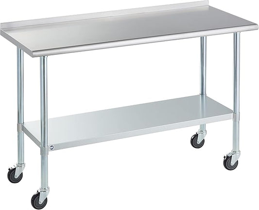 Stainless Steel Table for Prep & Work with Caster & Backsplash 24x60 Inches, NSF Metal Commercial Kitchen Heavy Duty Table with Adjustable Under Shelf and Table Foot for Restaurant, Home and Hotel