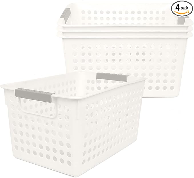 Plastic Storage Baskets, 4 Pack Narrow Organizing Baskets White Storage Bins With Handles Kitchen Storage Containers, Plastic Organizing Bins For Desk Garage Cabinet, 10.62 x 7.08 x 5.51 Inch