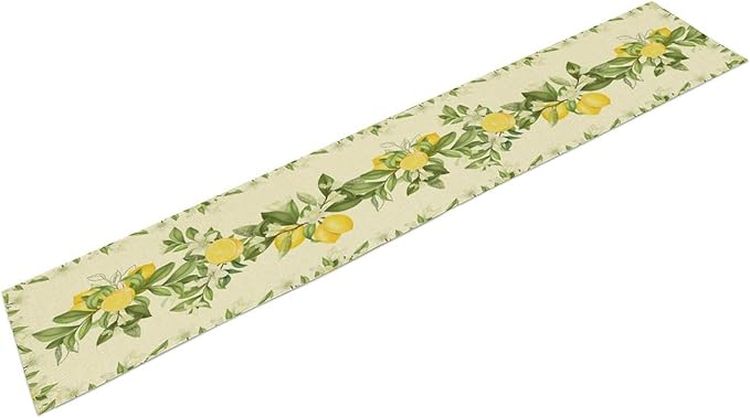 Summer Lemon Table Runner, Spring Blooming Lemon Tree Branches Bouquets Yellow Green Leaves Table Runner for Farmhouse Home Dining Kitchen Table Party Decor, 13x36inch