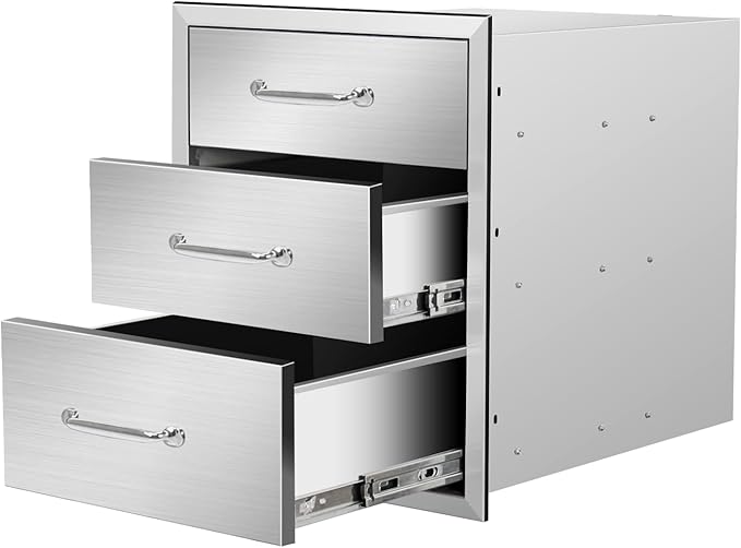 Outdoor Kitchen Drawers 18" W x 21" H x 21" D Flush Mount Triple BBQ Drawers with Chrome Handle Stainless Steel Drawer for Outdoor Kitchen Island, Patio Grill Station