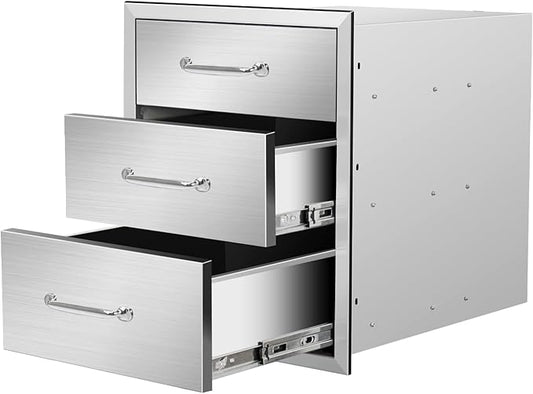 Outdoor Kitchen Drawers 18" W x 21" H x 21" D Flush Mount Triple BBQ Drawers with Chrome Handle Stainless Steel Drawer for Outdoor Kitchen Island, Patio Grill Station