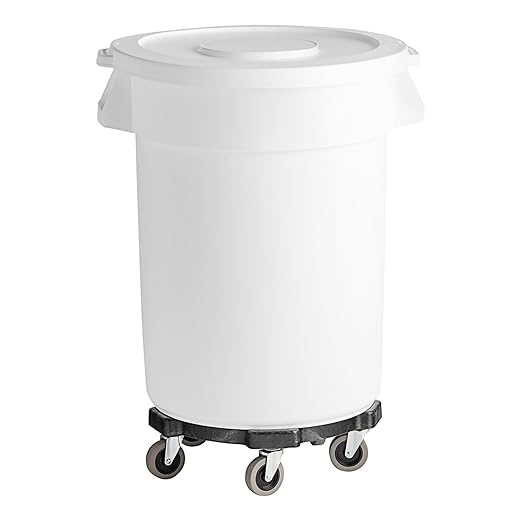 PRO&Family Commercial Round Trash Can with Lid and Dolly Rolling Waste Container, Ingredient Bin, Heavy-Duty Plastic, Anti-Static, Kitchen, Office, Outdoor Use (White, 32 Gallon)