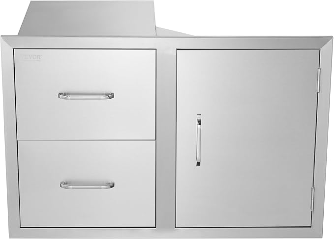 VEVOR Outdoor Kitchen Door Drawer Combo, 32.5" Wx21.7 Hx20.5 D, Access Door Double Drawers with Paper Towel Rack, BBQ Island Drawers with Stainless Steel Handles, 30.7" Wx20 Hx21 D Cutout Size