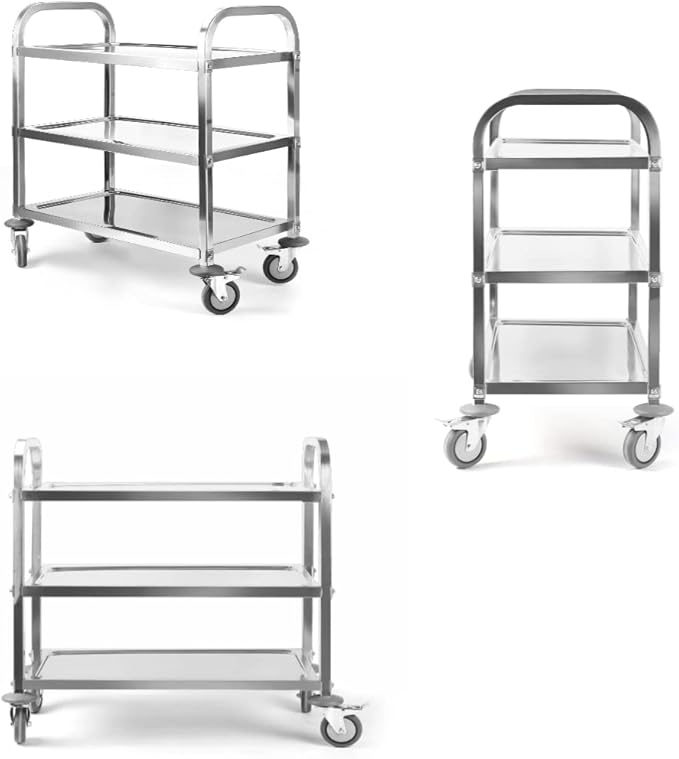 Nisorpa 3 Tier Stainless Steel Utility Cart L37.4 x W19.68 x H37.4 Inch Kitchen Rolling Carts with Wheels Serving Trolley Catering Storage Shelf with 2 Lockable Wheels for Hotel Restaurant Home Use
