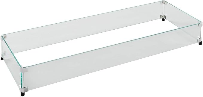 Outdoor GreatRoom Co Fire Pit Wind Guard - 12" x 42" Rectangular Fire Pit Glass Wind Guard for Firepit Burner - 6 Inch Tall Tempered Glass Panels, Secure Aluminum Clips, Rubber Bases, Easy Assembly