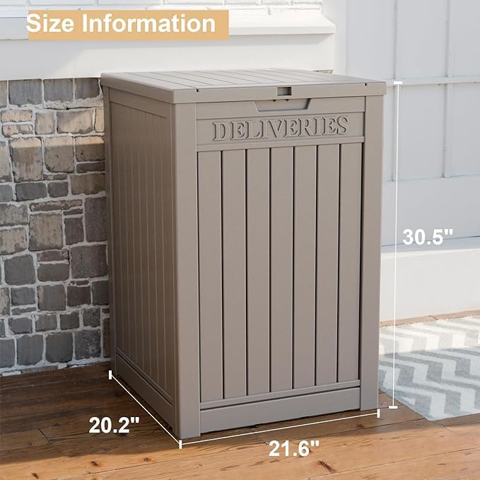 DRATO 48 Gallon Package Delivery Box, Large Lockable Storage Box, Double-Wall Resin Outdoor Package Delivery and Waterproof Deck Box for Porch, Patios（ Grey，48 Gallon）