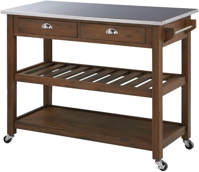 BOWERY HILL Modern Wood/Stainless Steel Kitchen Cart in Chestnut Wire-Brush