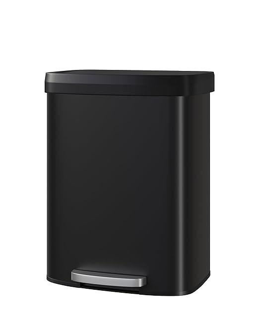 Garvee 16 gal / 60 L Metal Trash Can with Lid, Large Garbage Can for Kitchen, Rustproof Step-on Kitchen Metal Trash Bin with Liner Rim, Rear Handle, Soft Close Plastic Lid, Black