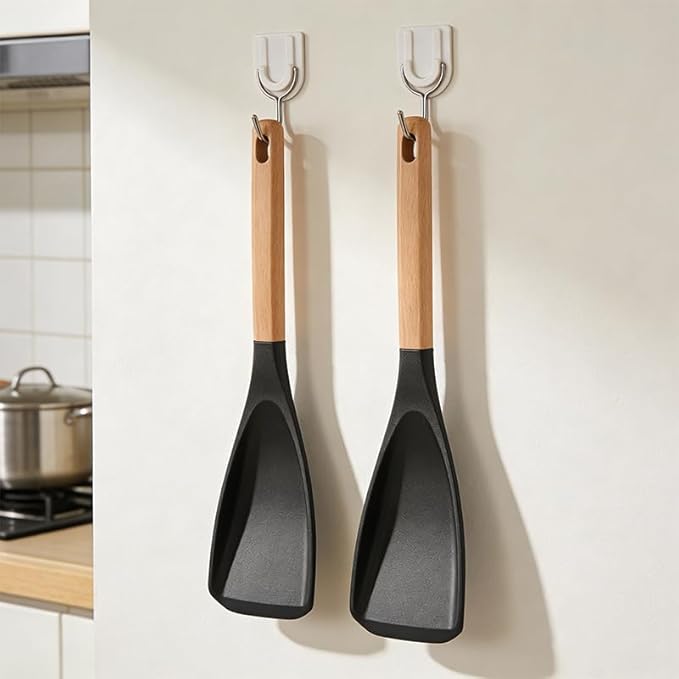 2-Pack Cedar and Ash Spoonula, Multifunction Spatula Cooking Spoon,Non stick Flat Serving Spoons, Heat Resistant Kitchen Cucharras for Mixing, Stiring, Scooping, Scraping, Basting (Black)