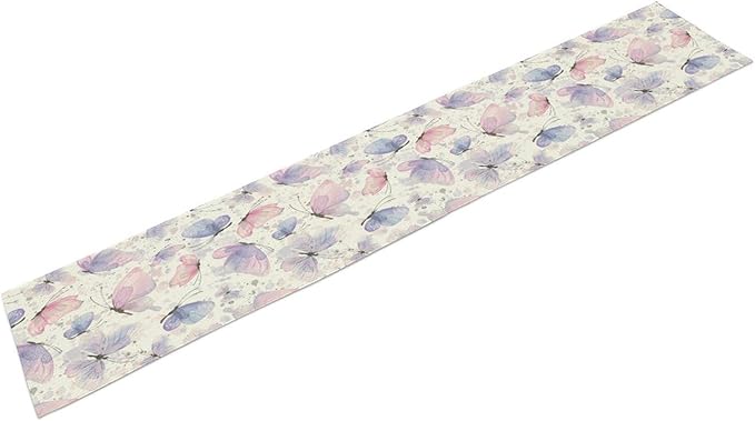 Watercolor Butterfly Table Runner, Pink Purple Butterfly Splash Spot Doodle Art Table Runner for Holiday Kitchen Dining Outdoor Home Party 13x70in
