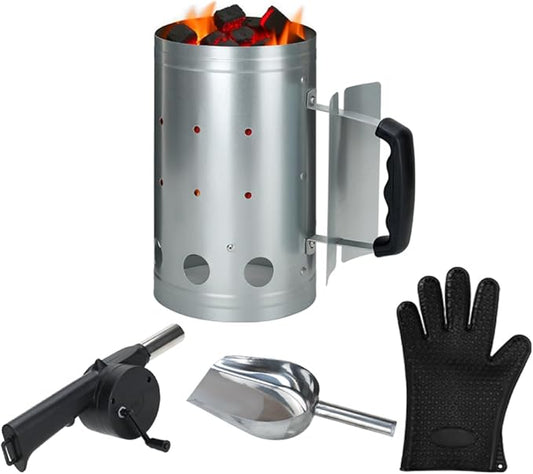 Charcoal Chimney, Charcoal Chimney Starter Coal Burner,Grill Chimney Charcoal Starter Tools Set Of 4 Pieces Include Fire Gloves, Bbq Fan Air Blower, Charcoal Scoop For Grill Fireplace Accessories