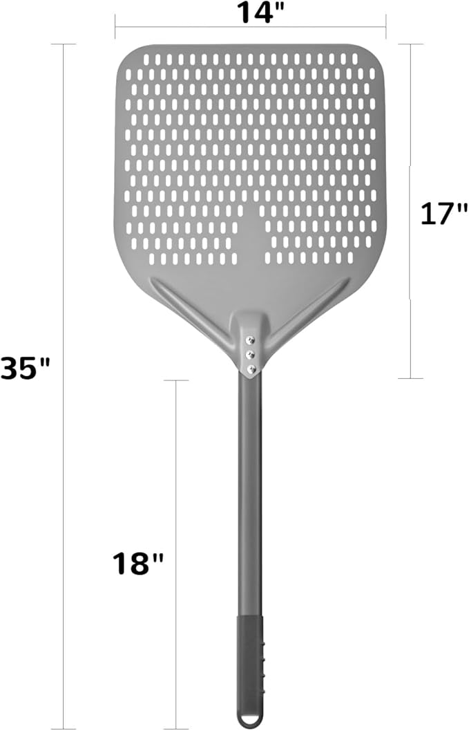 G.a HOMEFAVOR 14" x 17" Perforated Pizza Peel 35 Inch overall, Rectangular Aluminum Pizza Turning Peel with Extended Silcone Handle For Baking Pizza Brick Oven