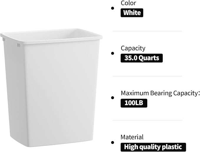 ROOMTEC 35QT Kitchen Trash Can, Sturdy and Lightweight Slim Trash Can, Trash Cans for Kitchen, Workspace, Bathroom, Office, Easy to Clean, 2-Pack, White