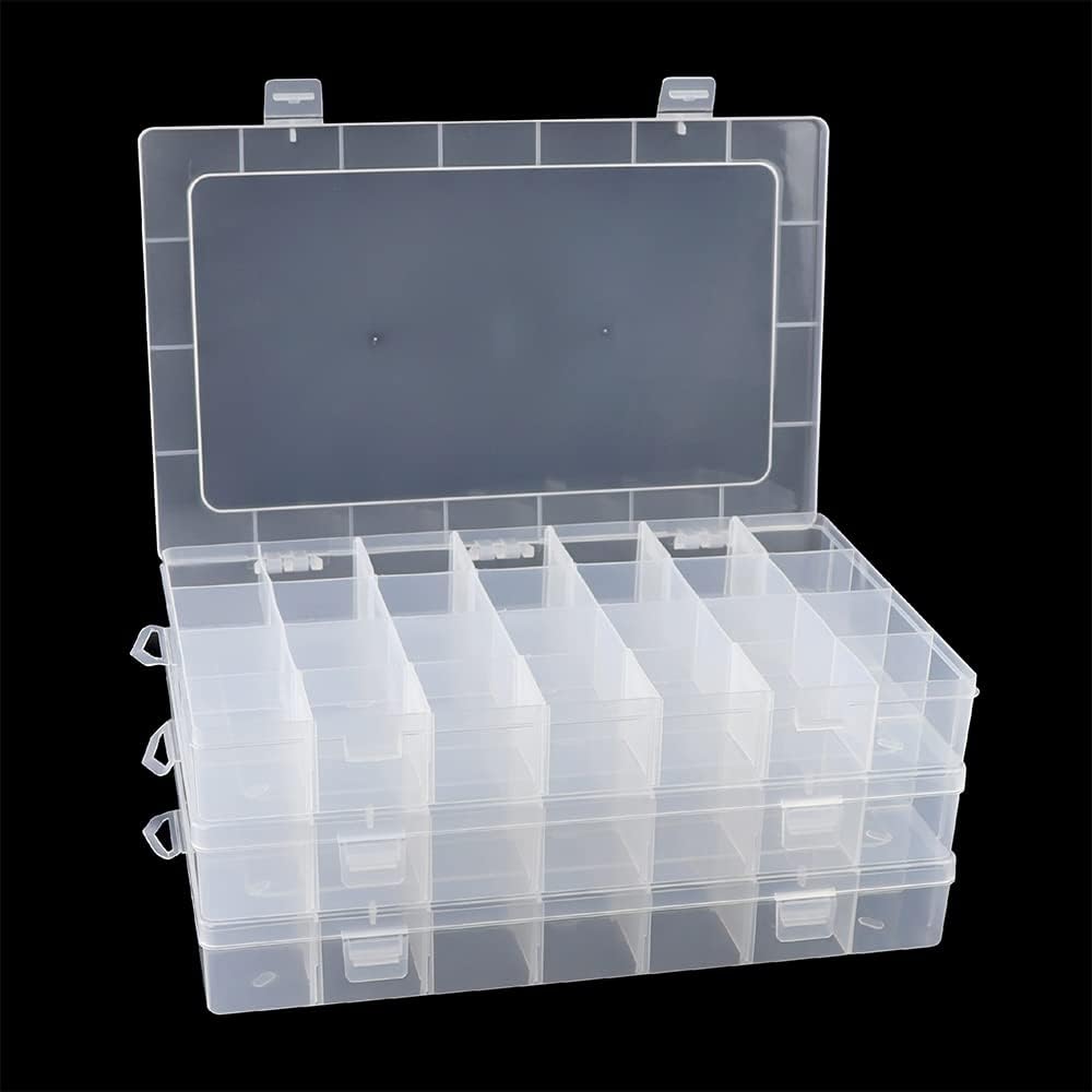 3Pack 28 Compartment Organizer Box with Parkical Adjustable Dividers, 28 Grids Plastic Storage Container for Jewelry, Craft DIY, Bead Organizer, Sewing, Dip Powder, Hair Accessories