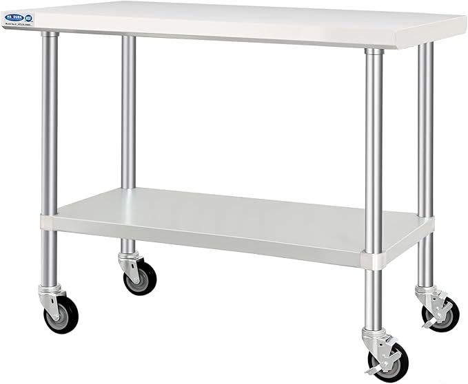 HARDURA Stainless Steel Table with Wheels 24 x 48 Inches Kitchen Prep Table Heavy Duty Stainless Steel Workbench with Aluminium Corner Undershelf NSF 304 Metel Table for Commercial Restaurant