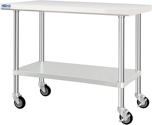 HARDURA Stainless Steel Table with Wheels 24 x 48 Inches Kitchen Prep Table Heavy Duty Stainless Steel Workbench with Aluminium Corner Undershelf NSF 304 Metel Table for Commercial Restaurant