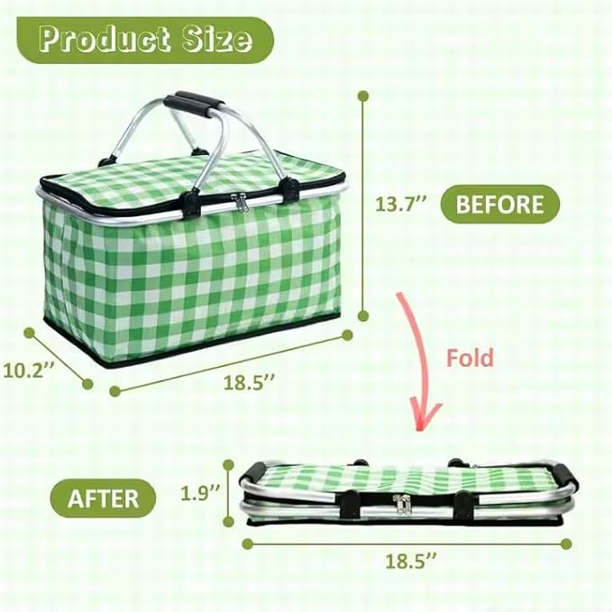Insulated Picnic Basket Cooler Bag with Leak-Proof Liner, 26L Large Capacity for 12 Adults, Picnic Basket with Sturdy Handles for Outdoor Activities, Travel, Beach, Camping (Green)