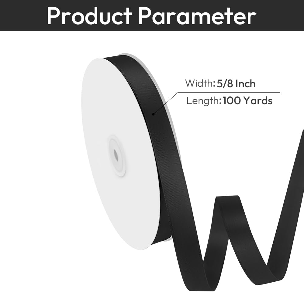 5/8" Width x 100 Yards Satin Ribbon, Black Ribbon Perfect for DIY Craft, Bows, Gift Wrapping, Flower Bouquet, Valentine's Day, Christmas and Halloween Party Decoration