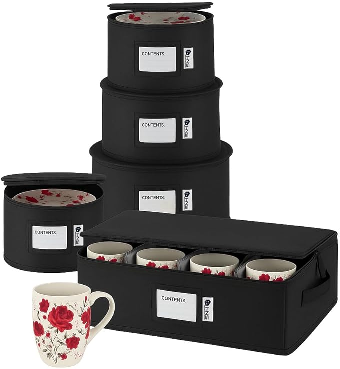 China Storage Hard Shell Containers 5-Piece Set Moving Boxes for Dinnerware, Glasses, Plates, Mugs and Saucers Sturdy Dish Organizer with Dividers for Seasonal Storage - Service for 12 - Black Quilted