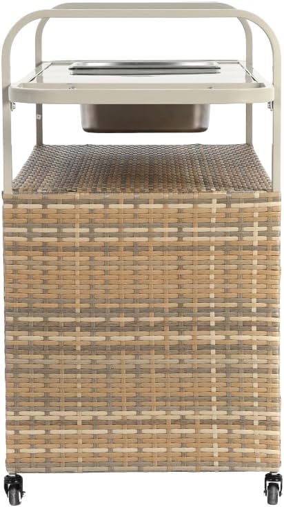 Outdoor Table, Wicker Cart with Cabinet, Patio Serving Cart with Steel Top, Lockable Wheels, Side Basket for Garden, Poolside & Backyard, Beige
