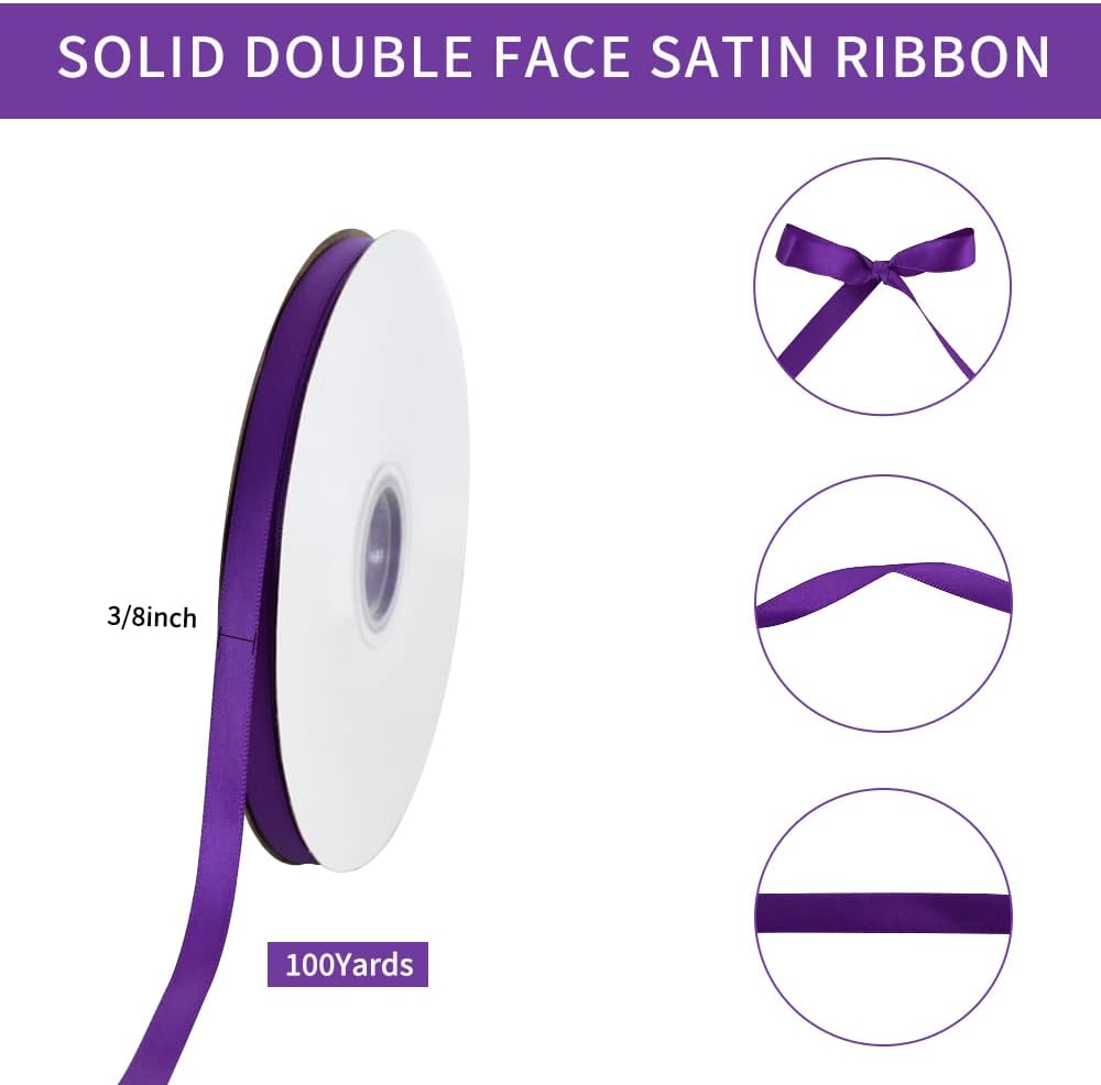 TONIFUL 3/8 Inch x 100yds Purple Satin Ribbon Thin Solid Fabric Ribbons Roll for Gift Wrapping Invitation Balloons Craft Sewing Party Wedding Popsicles Decoration Valentine's Day Bouquet Halloween