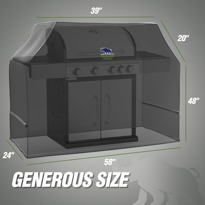 RUGGED RHINO 58 Inch Heavy Duty Grill Cover for Outdoor Grills, All Season Three Layer Waterproof UV Resistant Windproof Gas BBQ Covers, Compatible for Weber Char-Broil Pit Boss Traeger and More Black